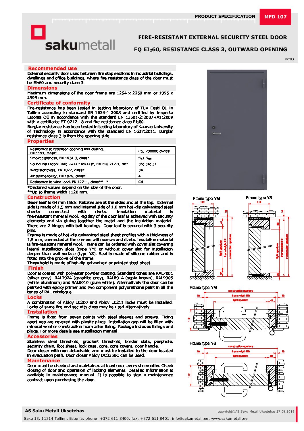MFD107 Fire-resistant external security steel door FQ EI60, outward  opening_ver03-190827 - Uksetehas